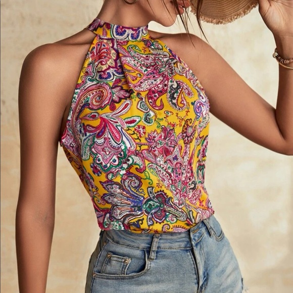Bohemian Yellow Paisley Floral Print Casual Summer Tank Top S M L XL - Picture 3 of 4